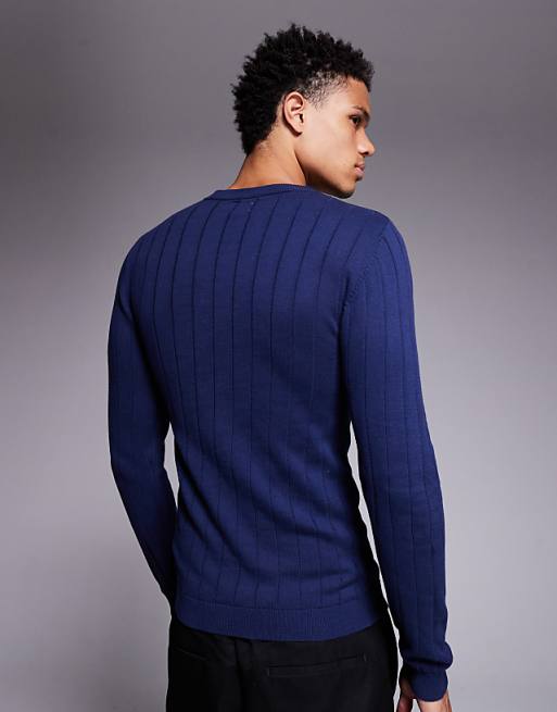 DESIGN Muscle Fit Long Sleeve Knitted Rib T-shirt In Navy