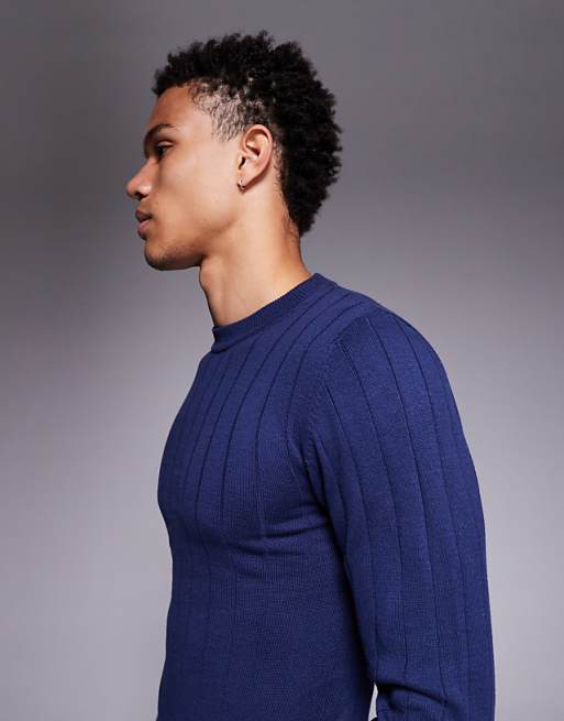 DESIGN Muscle Fit Long Sleeve Knitted Rib T-shirt In Navy