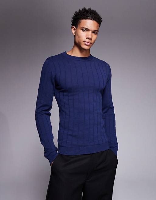 DESIGN muscle fit long sleeve knitted rib t-shirt in navy