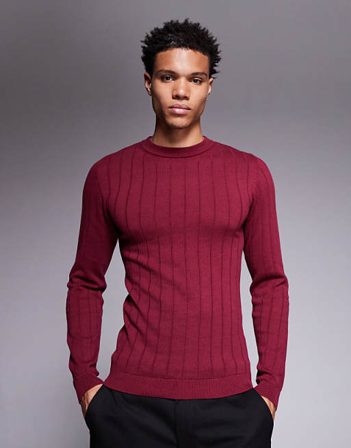 DESIGN muscle fit long sleeve knitted rib t-shirt in burgundy