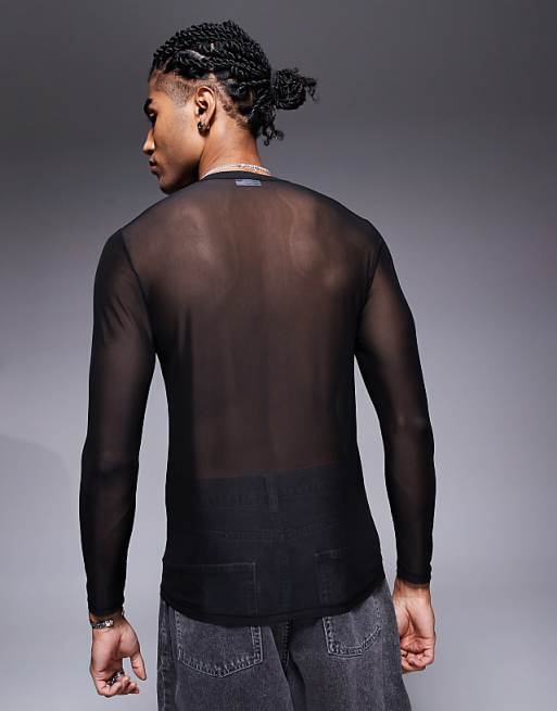 DESIGN Muscle Fit Long Sleeve T-shirt In Black Mesh
