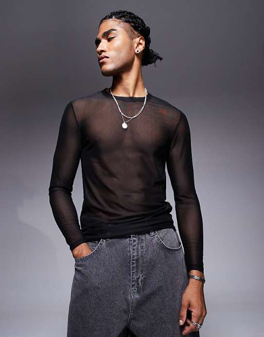 DESIGN muscle fit long sleeve t-shirt in black mesh