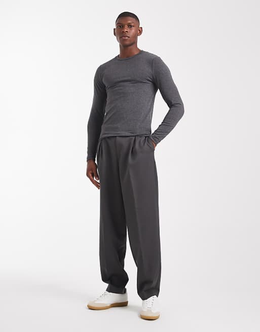 DESIGN Muscle Fit Long Sleeve T-shirt In Charcoal