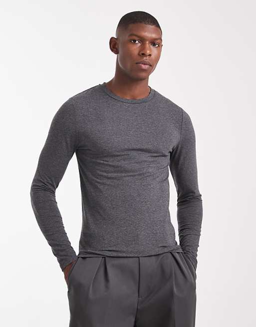 DESIGN muscle fit long sleeve t-shirt in charcoal