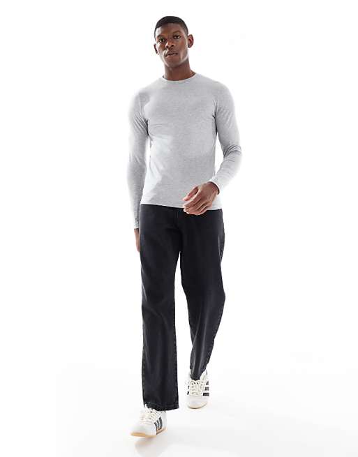 DESIGN Muscle Fit Long Sleeve T-shirt In Light Grey