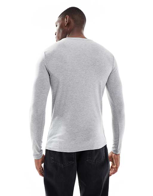 DESIGN Muscle Fit Long Sleeve T-shirt In Light Grey