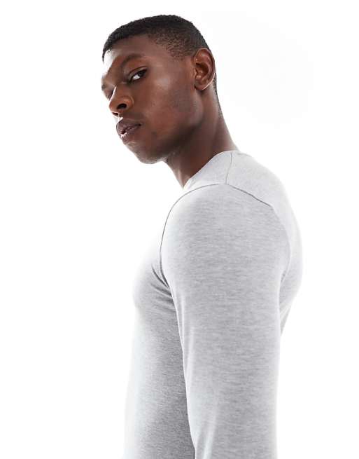 DESIGN Muscle Fit Long Sleeve T-shirt In Light Grey