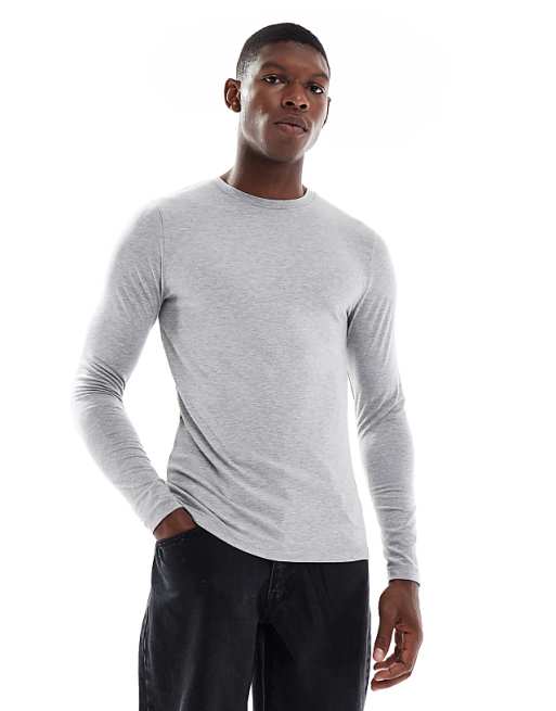 DESIGN muscle fit long sleeve t-shirt in light grey