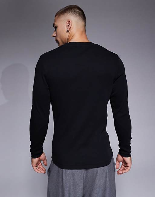 DESIGN Muscle Fit Long Sleeve T-shirt With Henley Neck In Black Rib
