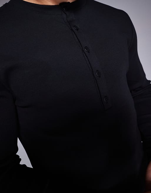 DESIGN Muscle Fit Long Sleeve T-shirt With Henley Neck In Black Rib