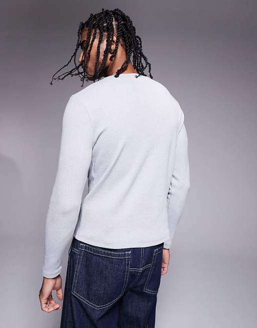 DESIGN Muscle Fit Long Sleeve T-shirt With Henley Neck In Grey Marl Rib