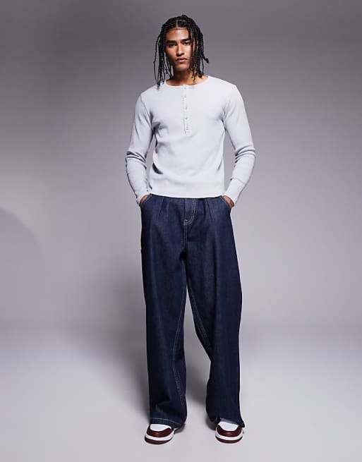 DESIGN Muscle Fit Long Sleeve T-shirt With Henley Neck In Grey Marl Rib
