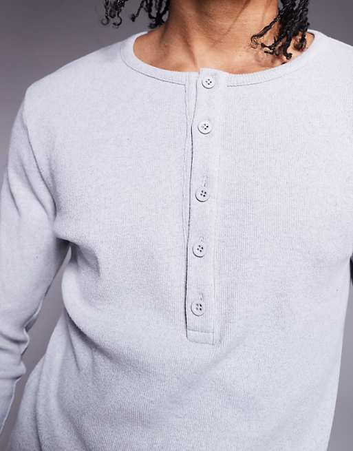 DESIGN Muscle Fit Long Sleeve T-shirt With Henley Neck In Grey Marl Rib