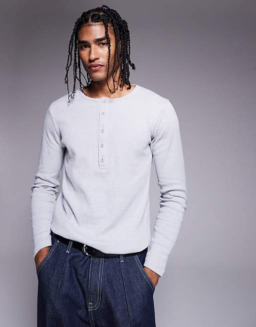 DESIGN muscle fit long sleeve t-shirt with henley neck in grey marl rib
