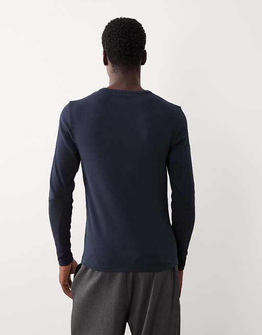 DESIGN Muscle Fit Long Sleeve T-shirt With Henley Neck In Navy Rib