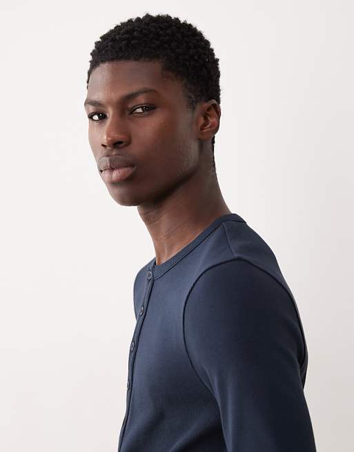 DESIGN Muscle Fit Long Sleeve T-shirt With Henley Neck In Navy Rib