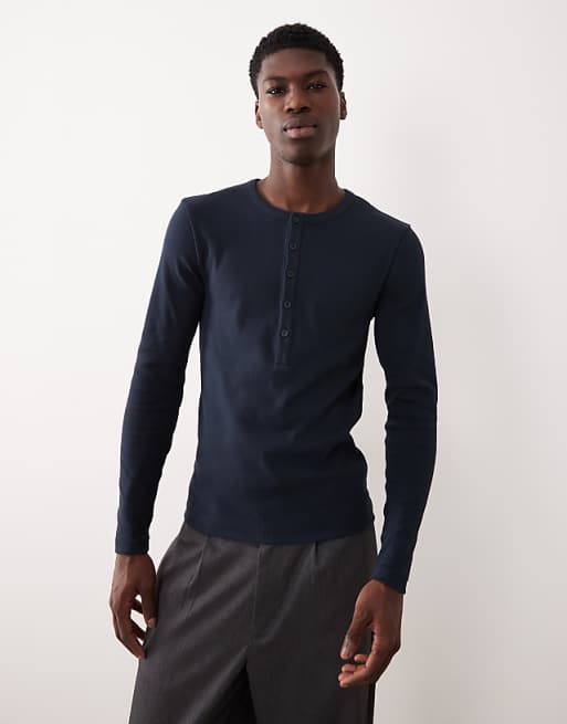 DESIGN muscle fit long sleeve t-shirt with henley neck in navy rib