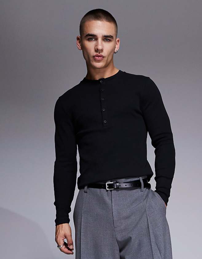 DESIGN muscle fit long sleeve t-shirt with henley neck in black rib