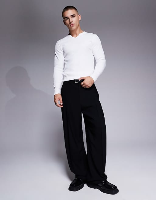 DESIGN Muscle Fit Long Sleeve T-shirt With Notch Neck In White Rib