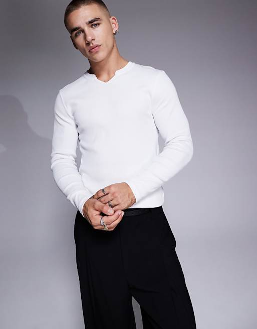 DESIGN muscle fit long sleeve t-shirt with notch neck in white rib