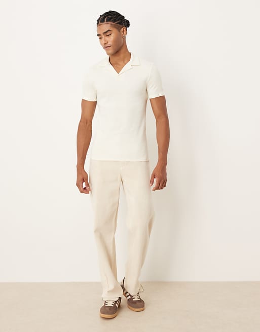 DESIGN Muscle Fit Polo With Revere Neck In Cream Rib