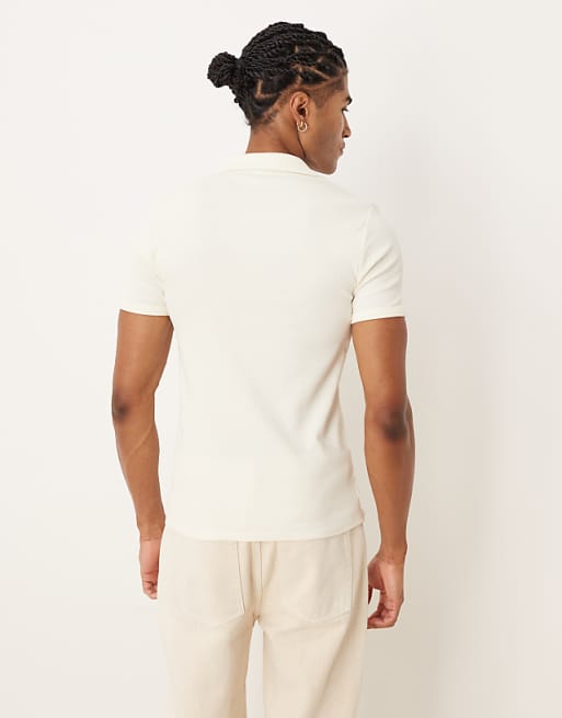 DESIGN Muscle Fit Polo With Revere Neck In Cream Rib