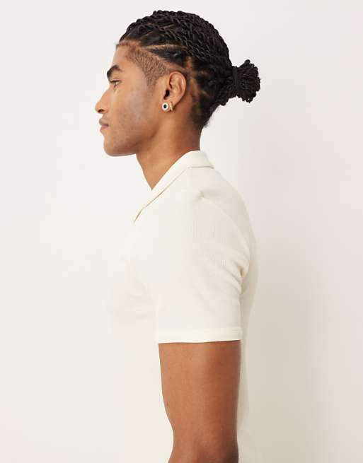 DESIGN Muscle Fit Polo With Revere Neck In Cream Rib