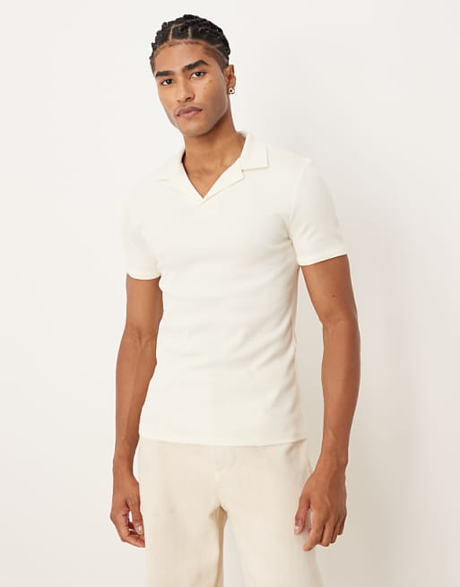 DESIGN muscle fit polo with revere neck in cream rib