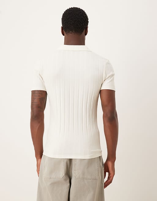 DESIGN Muscle Fit Revere Polo In Cream Wide Rib
