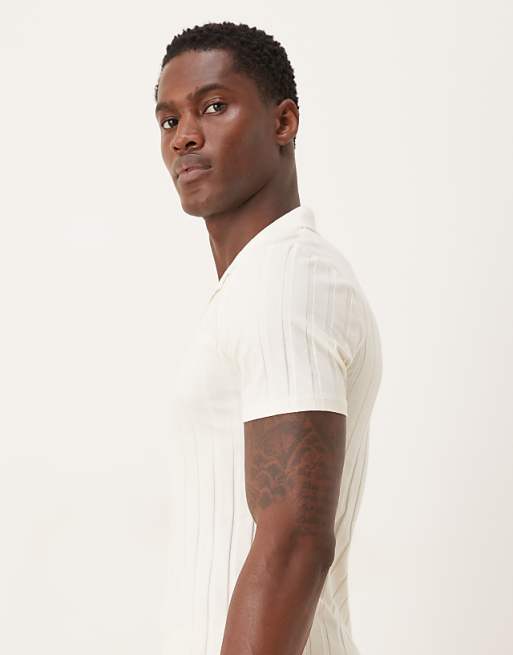 DESIGN Muscle Fit Revere Polo In Cream Wide Rib