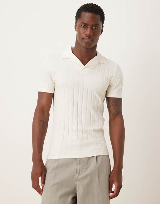 DESIGN muscle fit revere polo in cream wide rib