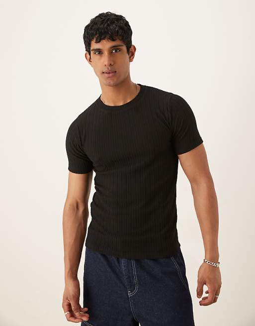 DESIGN muscle fit rib t-shirt in black