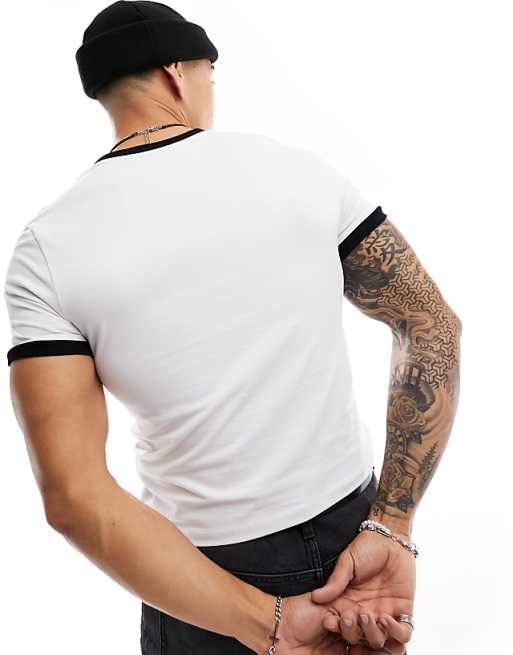 DESIGN Muscle-fit Ringer T-shirt In White With Lips Chest Print