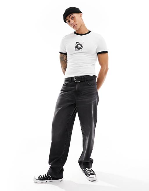 DESIGN Muscle-fit Ringer T-shirt In White With Lips Chest Print