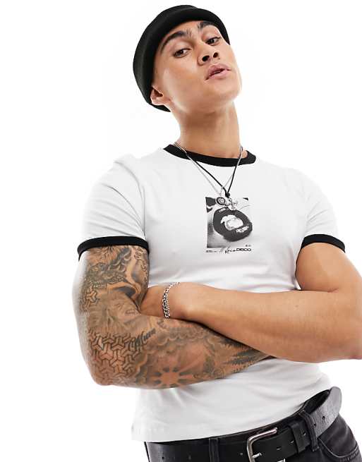 DESIGN muscle-fit ringer t-shirt in white with lips chest print