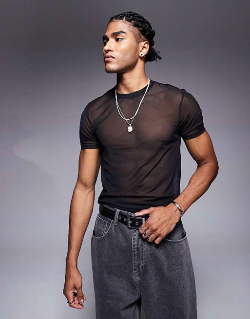 DESIGN muscle fit t-shirt in black mesh
