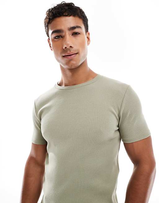 DESIGN Muscle Fit T-shirt In Khaki Rib