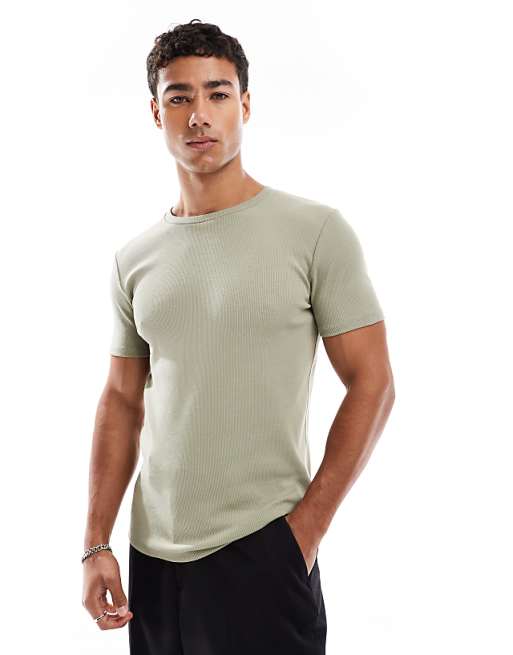 DESIGN muscle fit t-shirt in khaki rib