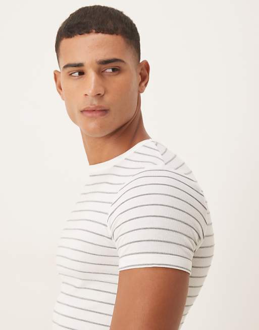 DESIGN Muscle Fit T-shirt In White And Brown Stripe