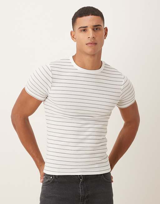 DESIGN muscle fit t-shirt in white and brown stripe