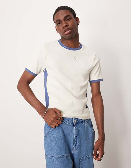DESIGN Muscle Fit T-shirt With Contrast Side Panels In Beige Rib