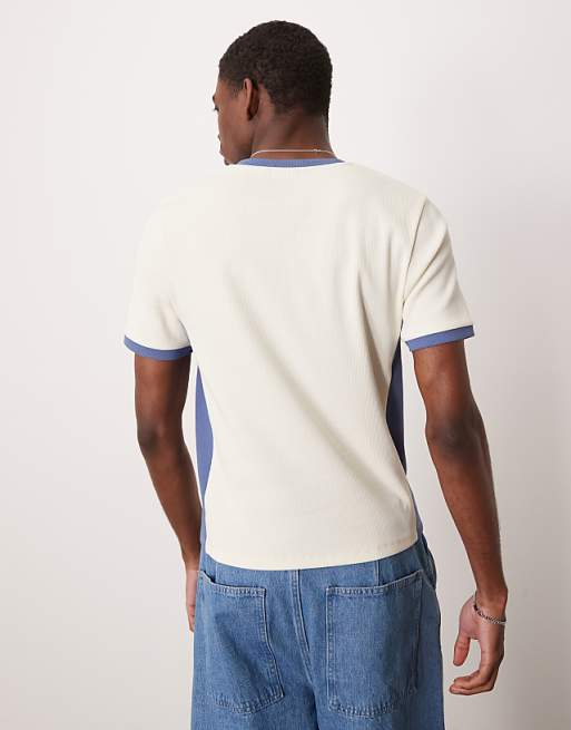 DESIGN Muscle Fit T-shirt With Contrast Side Panels In Beige Rib