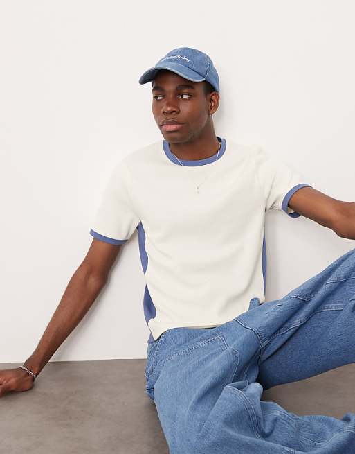 DESIGN muscle fit t-shirt with contrast side panels in beige rib