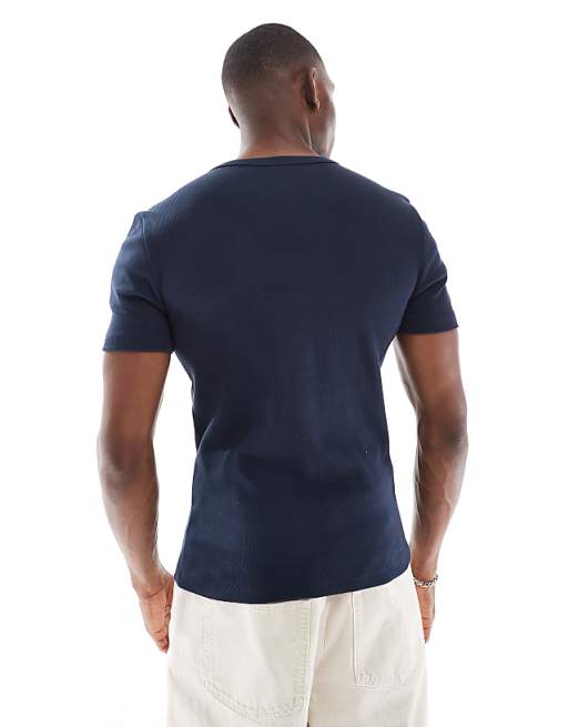 DESIGN Muscle Fit T-shirt With Henley Neck In Navy Rib