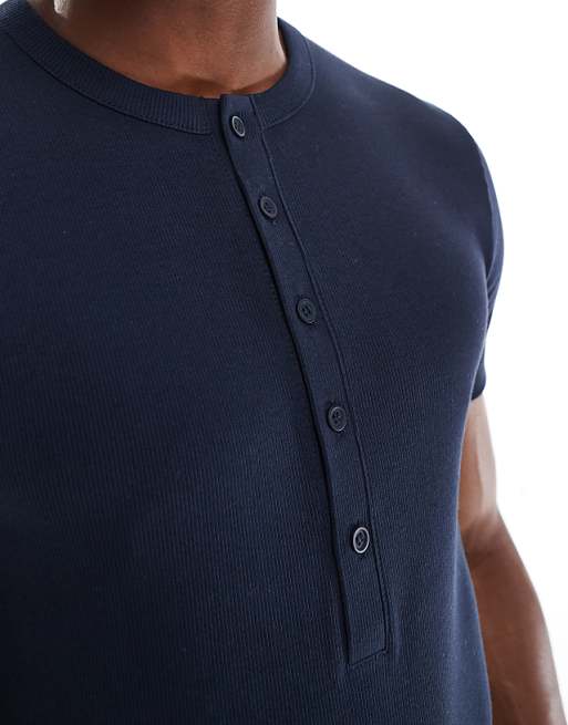 DESIGN Muscle Fit T-shirt With Henley Neck In Navy Rib