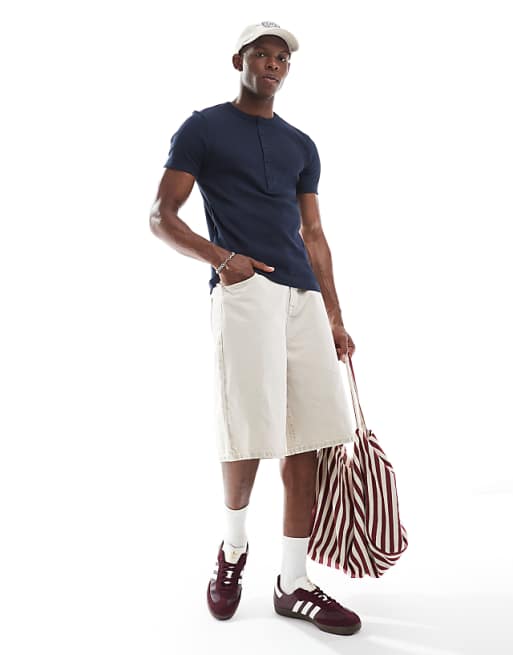 DESIGN Muscle Fit T-shirt With Henley Neck In Navy Rib