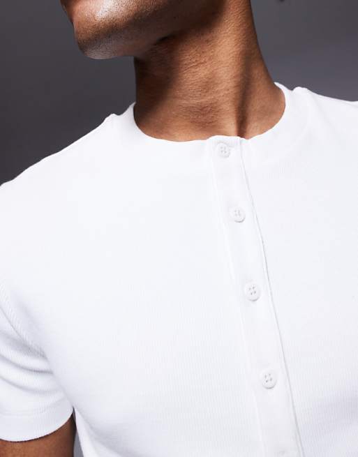 DESIGN Muscle Fit T-shirt With Henley Neck In White Rib