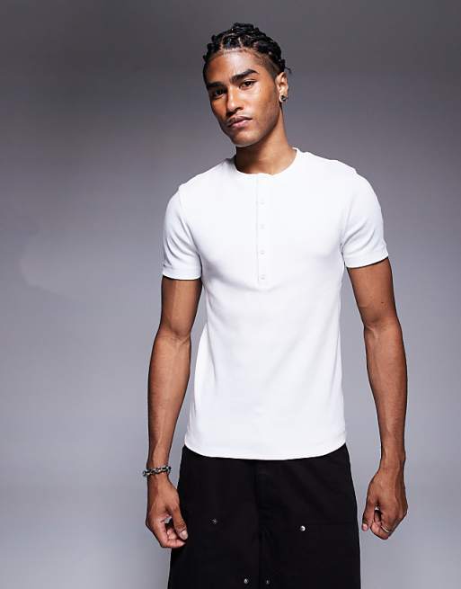 DESIGN muscle fit t-shirt with henley neck in white rib