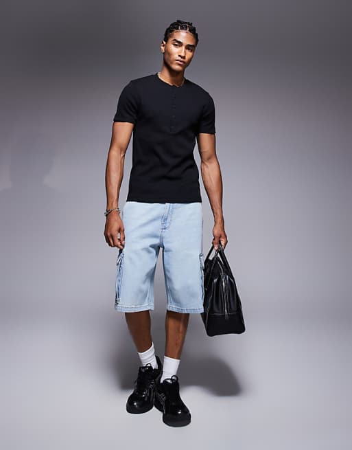 DESIGN Muscle Fit T-shirt With Henley Neck In Black Rib
