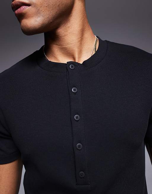 DESIGN Muscle Fit T-shirt With Henley Neck In Black Rib
